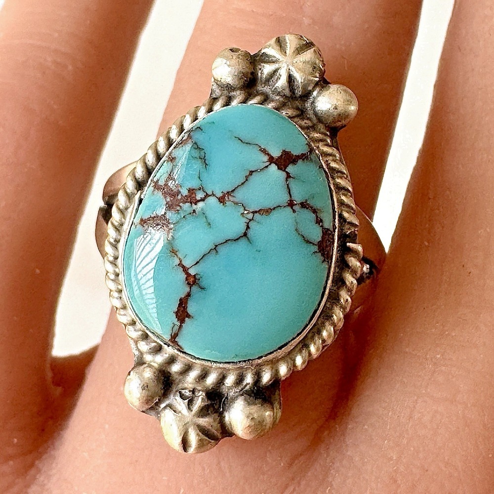 Navajo Turquoise Ring Sz‎ 8 Signed R Native American Handmade Sterling Siver